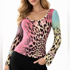 Roberto Cavalli Pink Blue Pastel Leopard Print Long Sleeve Top Y2K